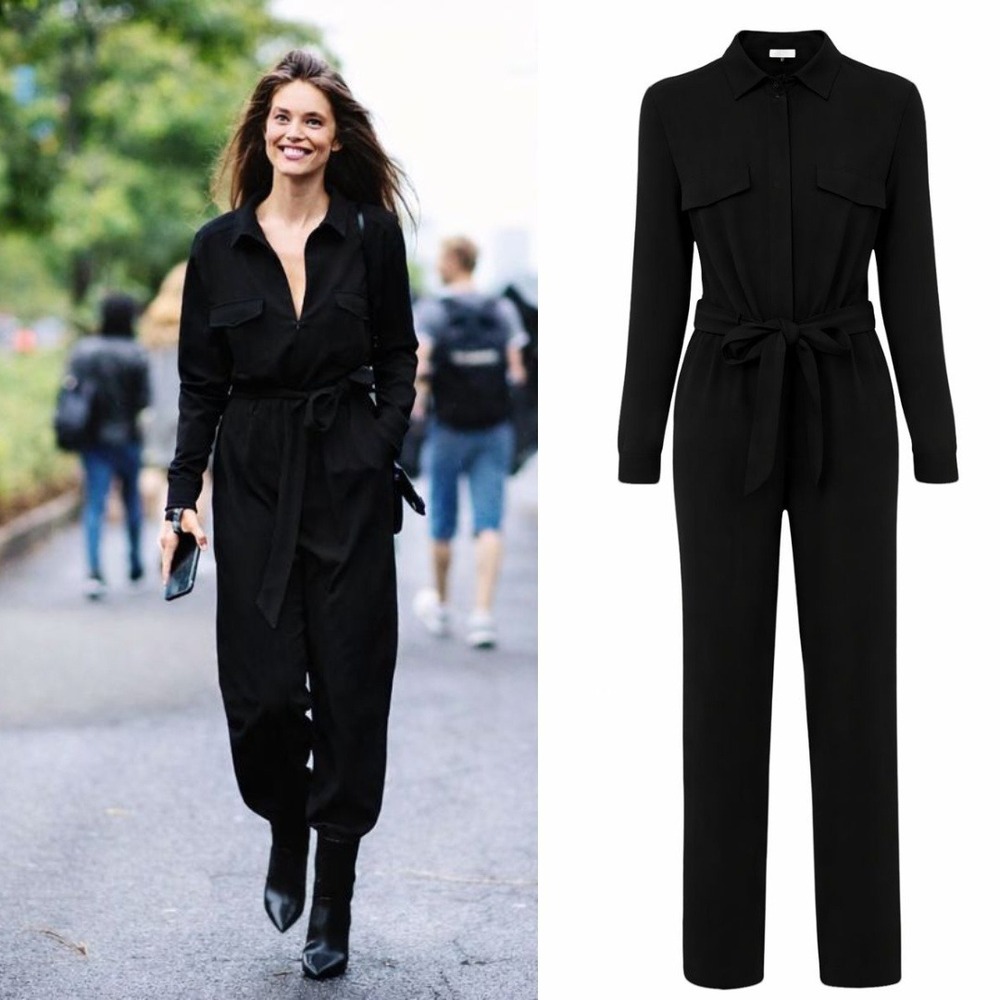 GANNI Clark Black Long Sleeve‎ Tie Waist Jumpsuit Size 36